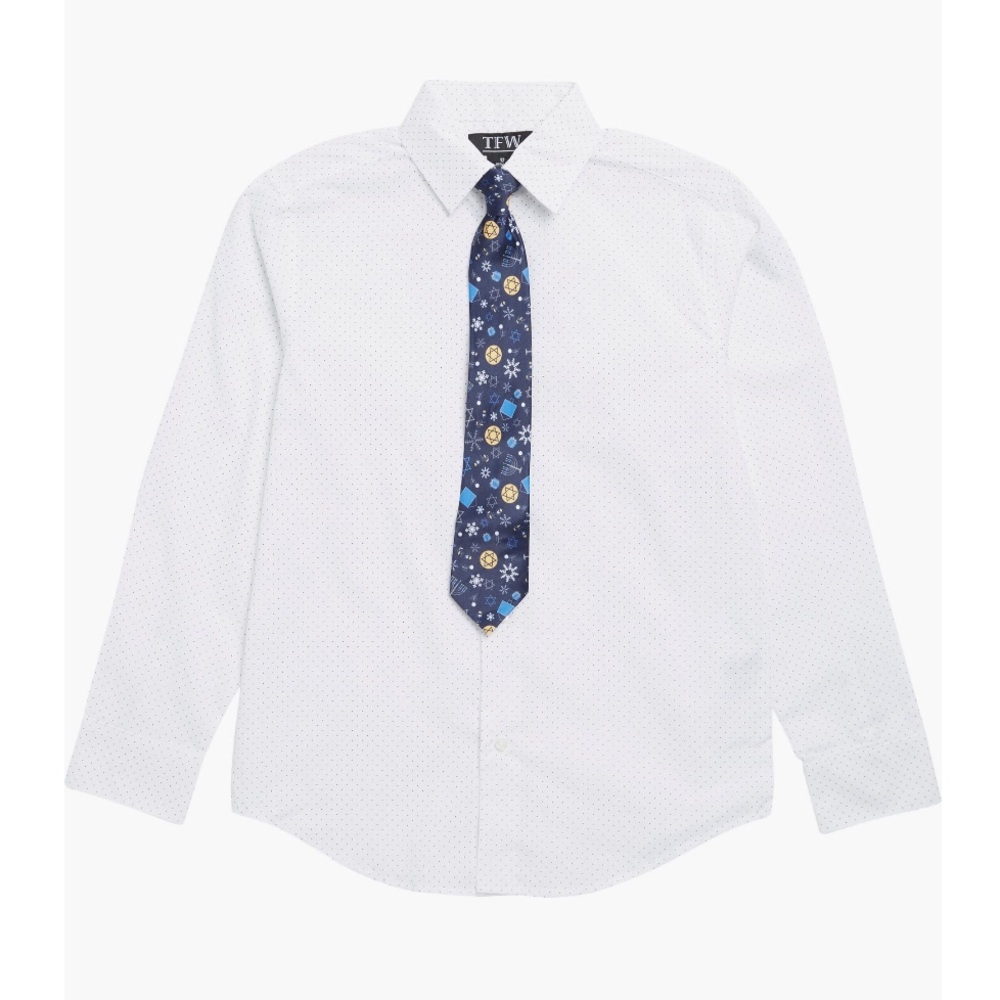 TFW Kids' Long Sleeve Button-Up Shirt with Dreidel Tie Set - Size 14 - Reemoly